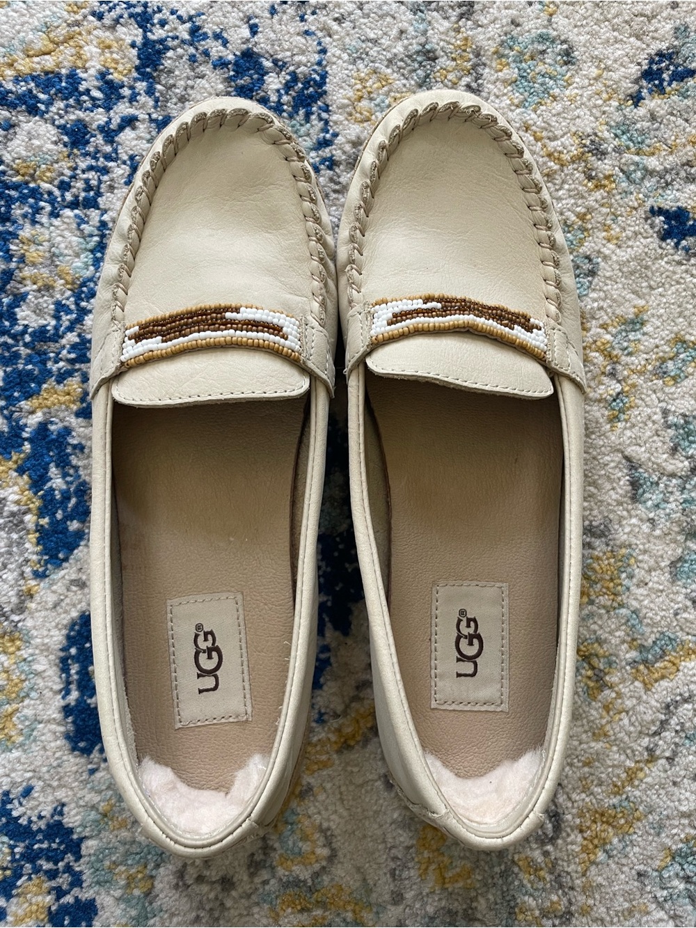 UGG Women's Beige Rozie Serape Loafers Cream Beaded Moccasin Flats- New No Box